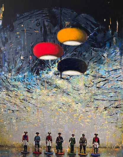 Oil painting by Juan Angel Gonzalez de la Calle with three dome pendant lights above figurines