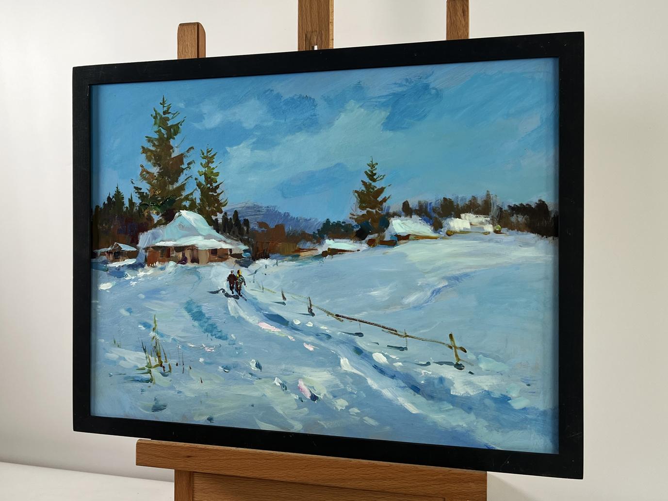 Framed Oil painting Along the snowy path by Yuriy Suprunchuk with snow cottages