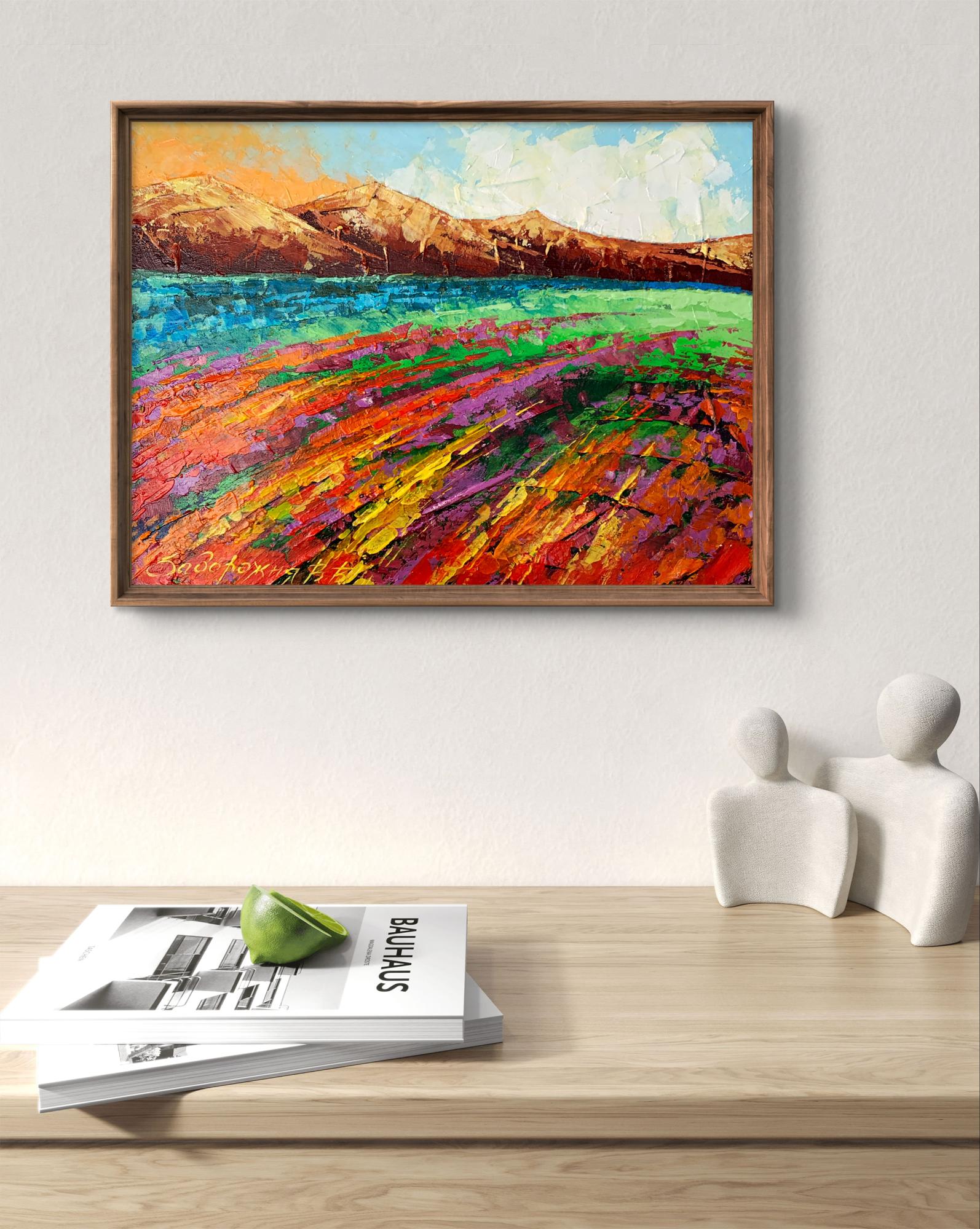 Oil painting Brown Mountains V. Zadorozhnya in rustic wooden frame