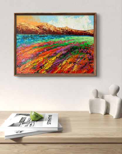 Oil painting Brown Mountains V. Zadorozhnya in rustic wooden frame