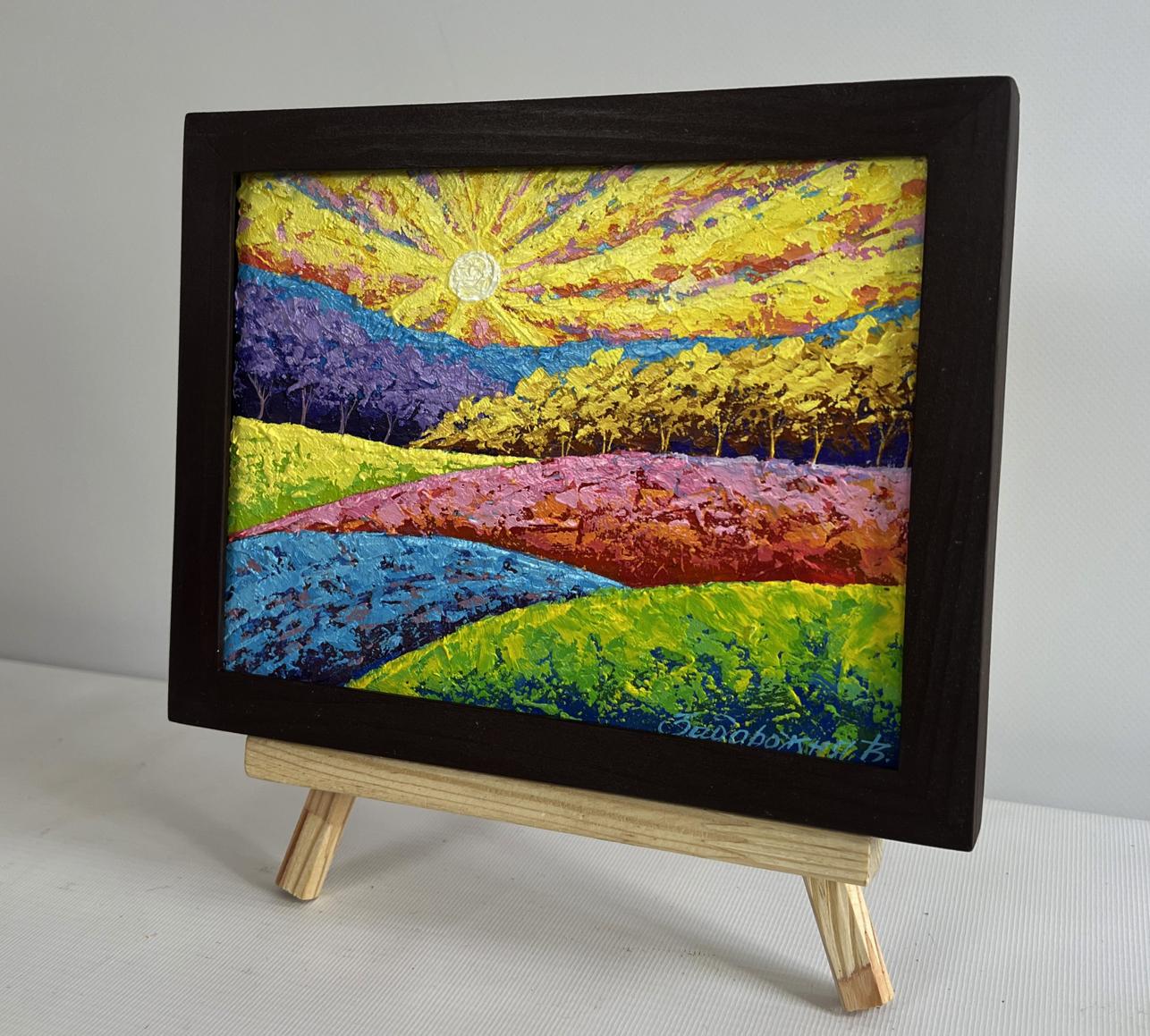 Oil painting Yellow rays of sun over forest by V. Zadorozhnya in wooden frame