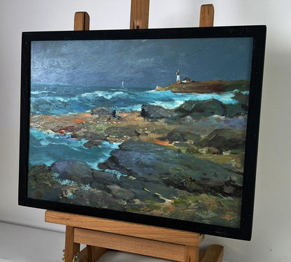 Oil painting Sea cloudy coast by Yuriy Suprunchuk, crashing waves and lighthouse