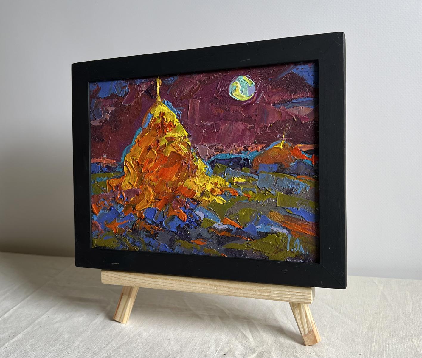 Oil painting Moonlit night in the field by Oleksiy Ivanyuk, golden mountain under glowing moon