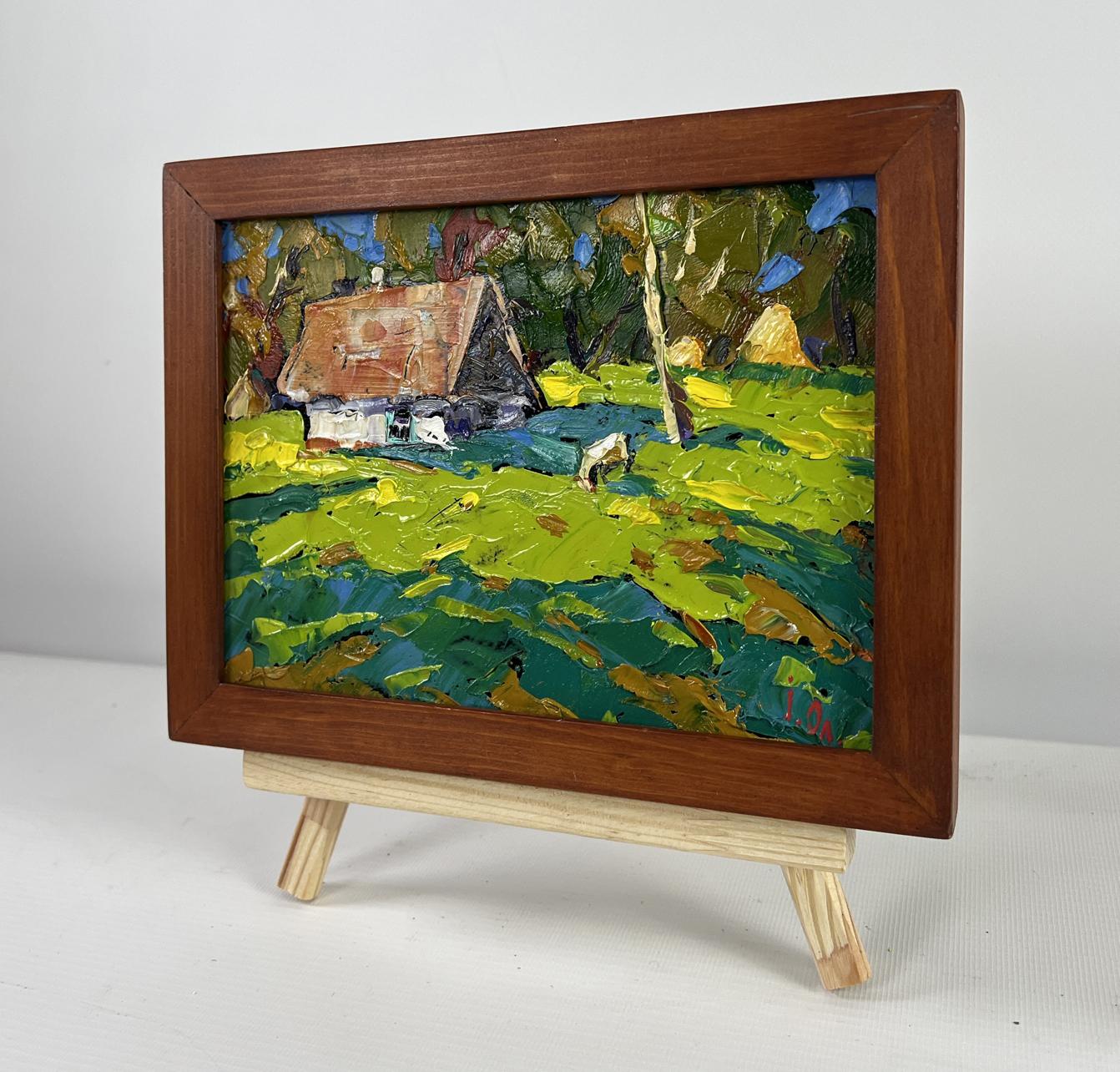 Rustic miniature oil painting of forest path to sunny thatched hut by Oleksiy Ivanyuk