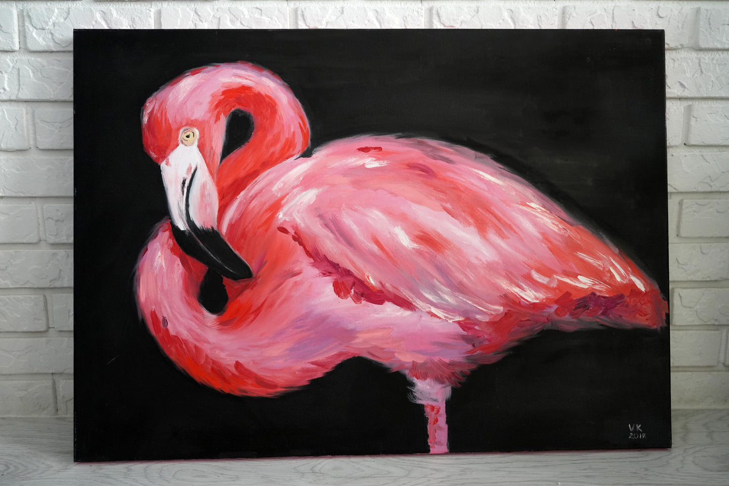Oil painting Pink flamingo by Victoria Kagalovska on black canvas