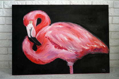 Oil painting Pink flamingo by Victoria Kagalovska on black canvas