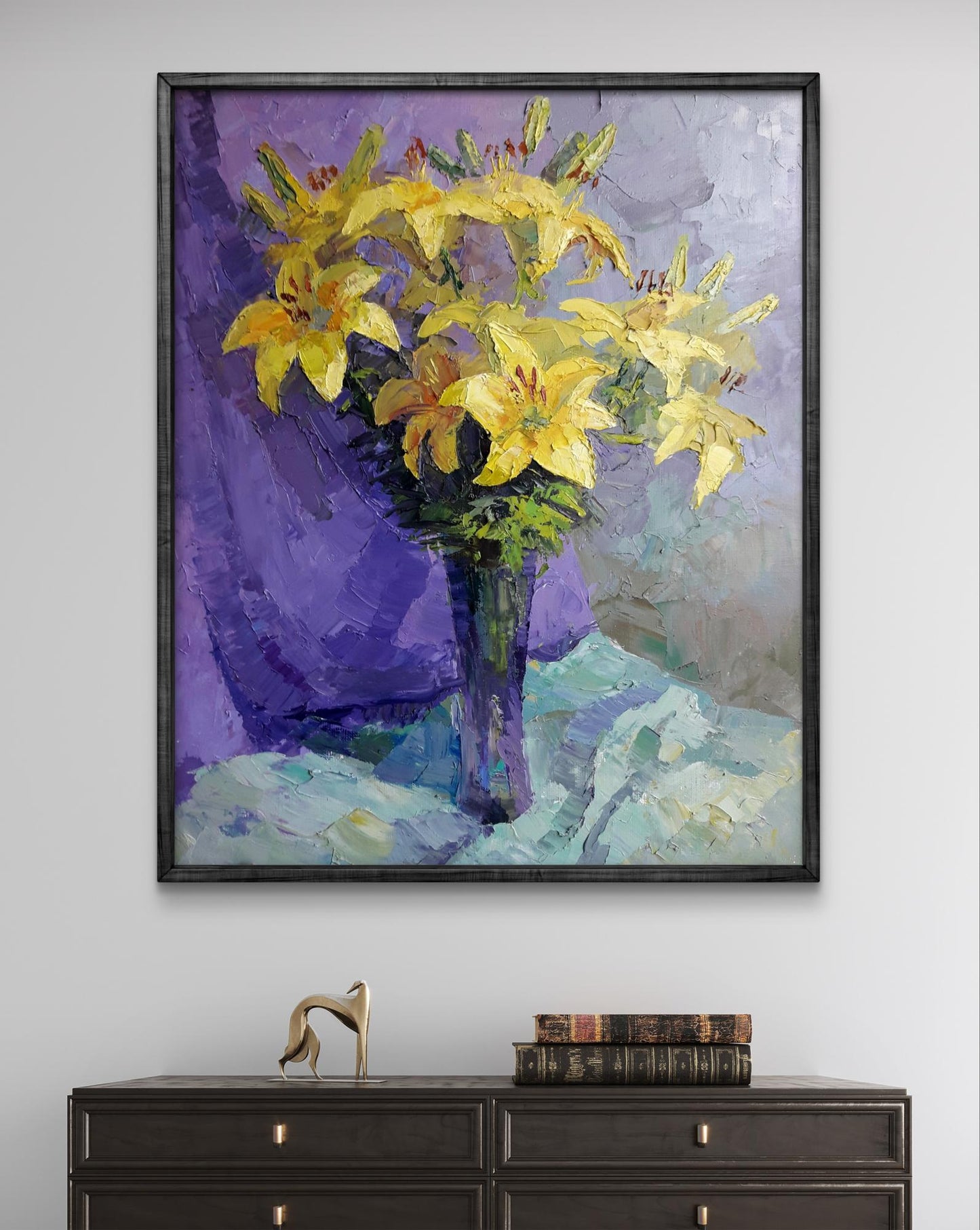 Oil painting of yellow lilies bouquet in purple vase by Boris Serdyuk