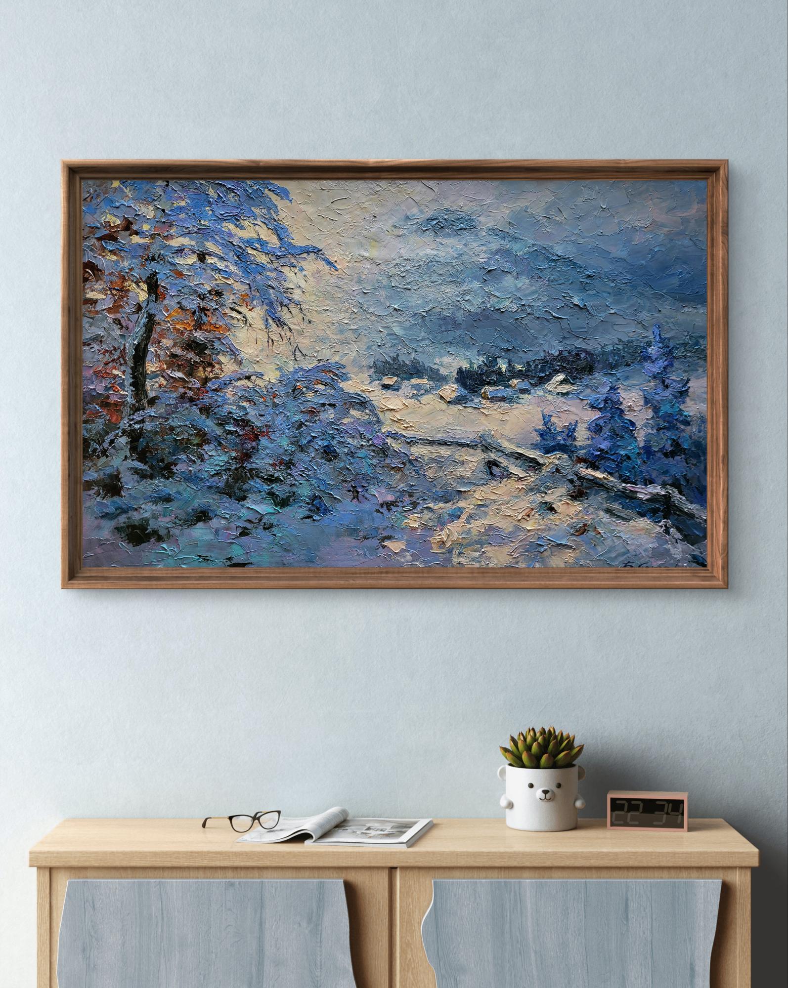 Oil painting In the winter mountains by Boris Serdyuk in wooden frame