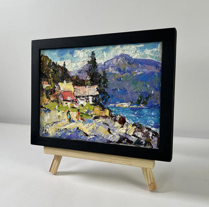 Oil painting Silence in the Mountains by Oleksiy Ivanyuk on wooden easel
