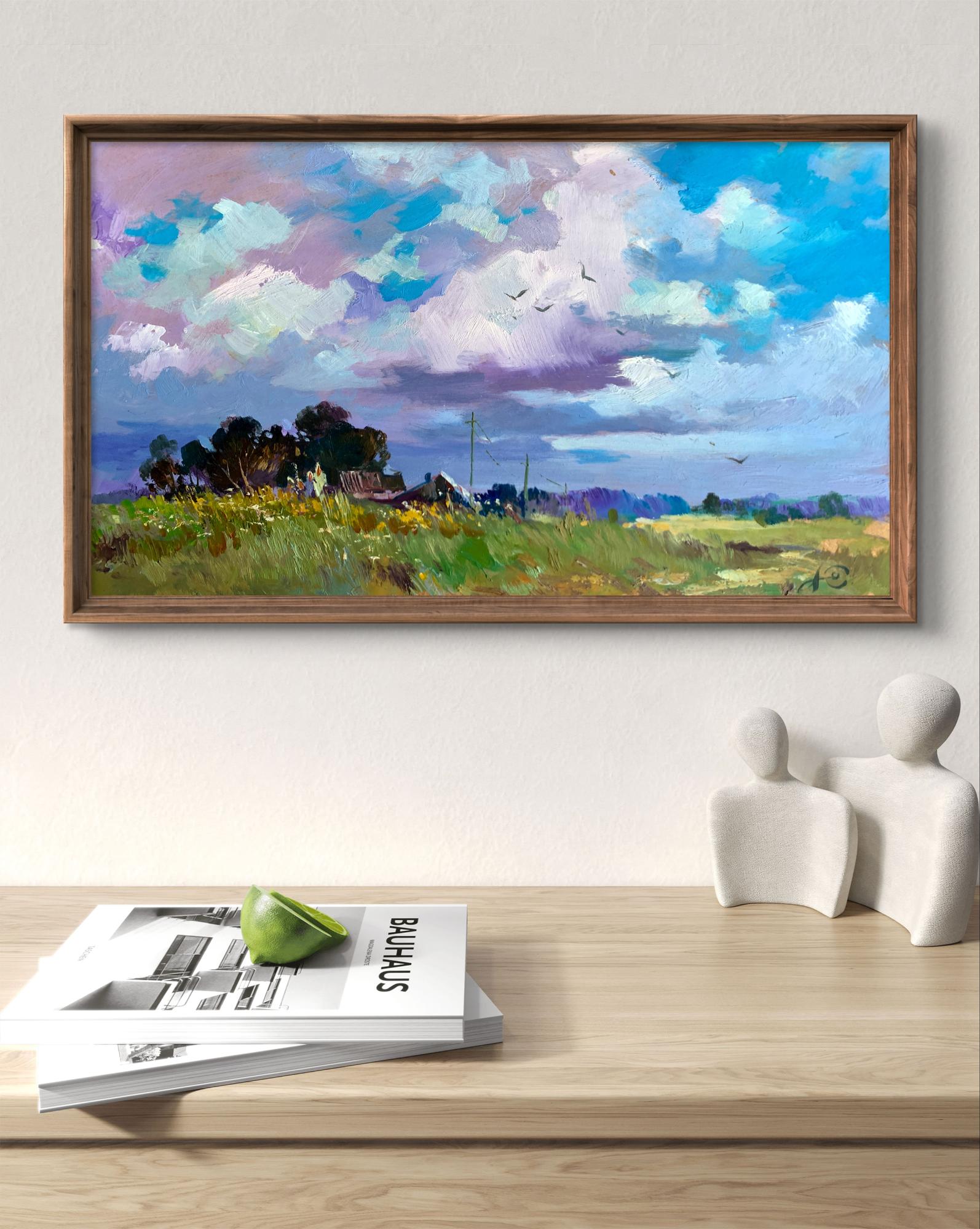 Oil painting In the village field by Yuriy Suprunchuk vibrant countryside scene