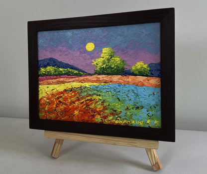 Oil painting Pink silky sunset V. Zadorozhnya in black frame