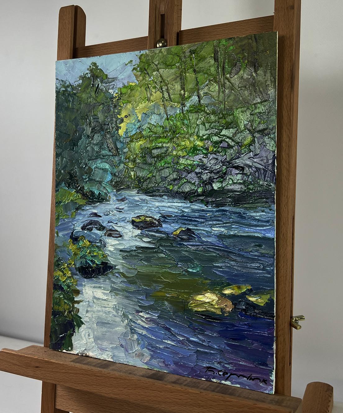 Vibrant impasto oil painting of crystal water among rocky giants by Boris Serdyuk