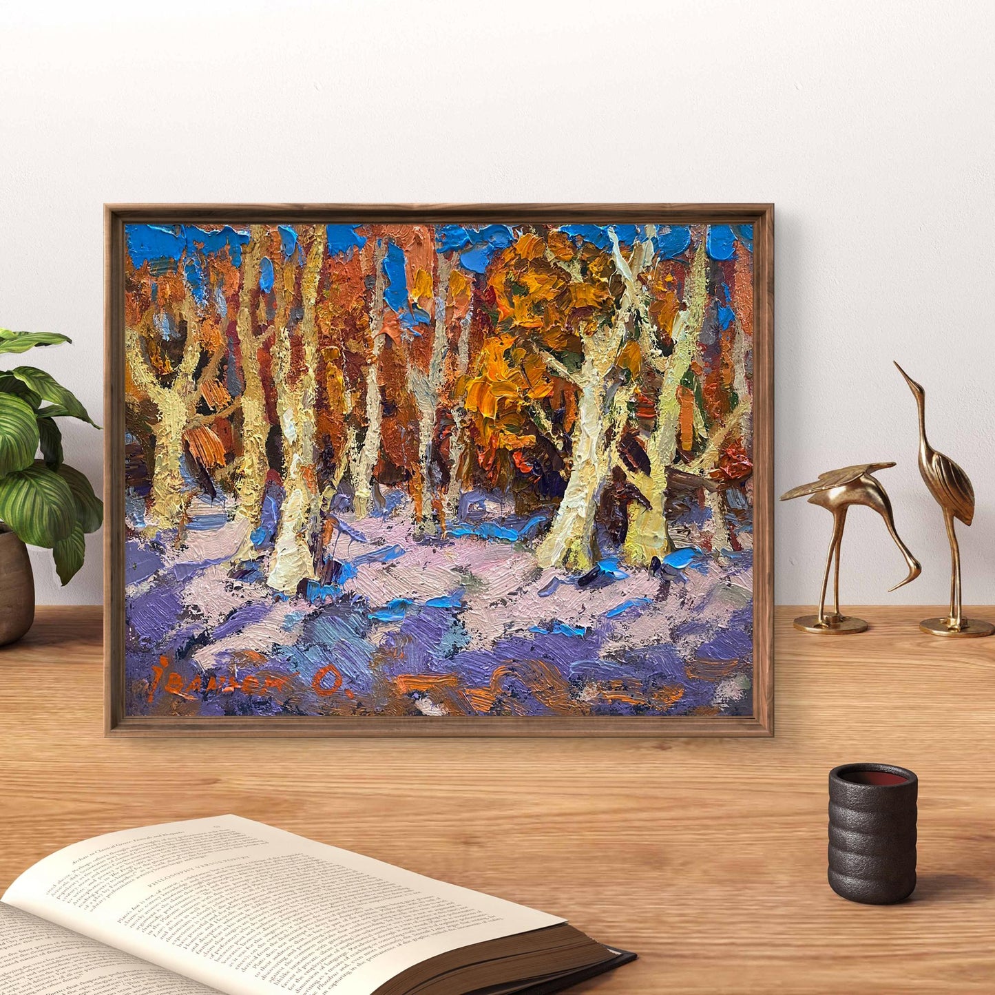Framed oil painting of snowy autumn birch forest by Oleksiy Ivanyuk
