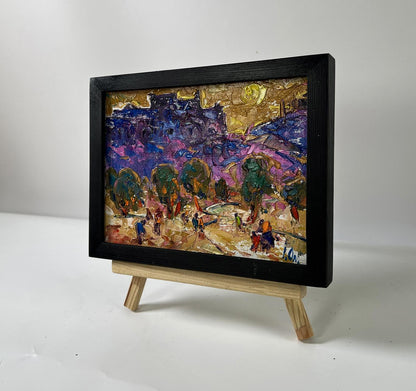 Oil painting Evening city park by Oleksiy Ivanyuk in black frame