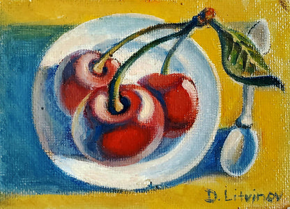 Oil painting of glossy red cherries by Daniil Litvinov