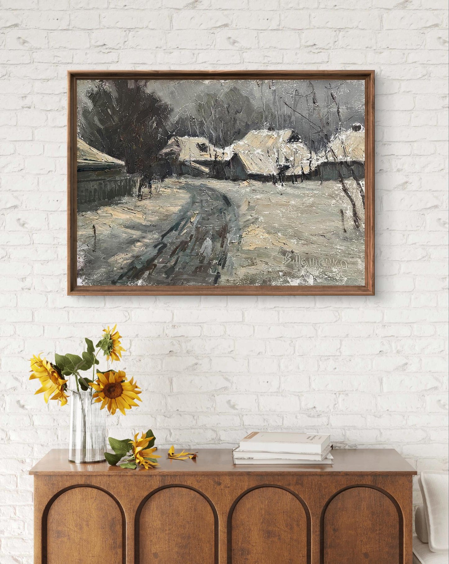 Oil painting Winter in the village by Volodymyr Pashchenko in wooden frame