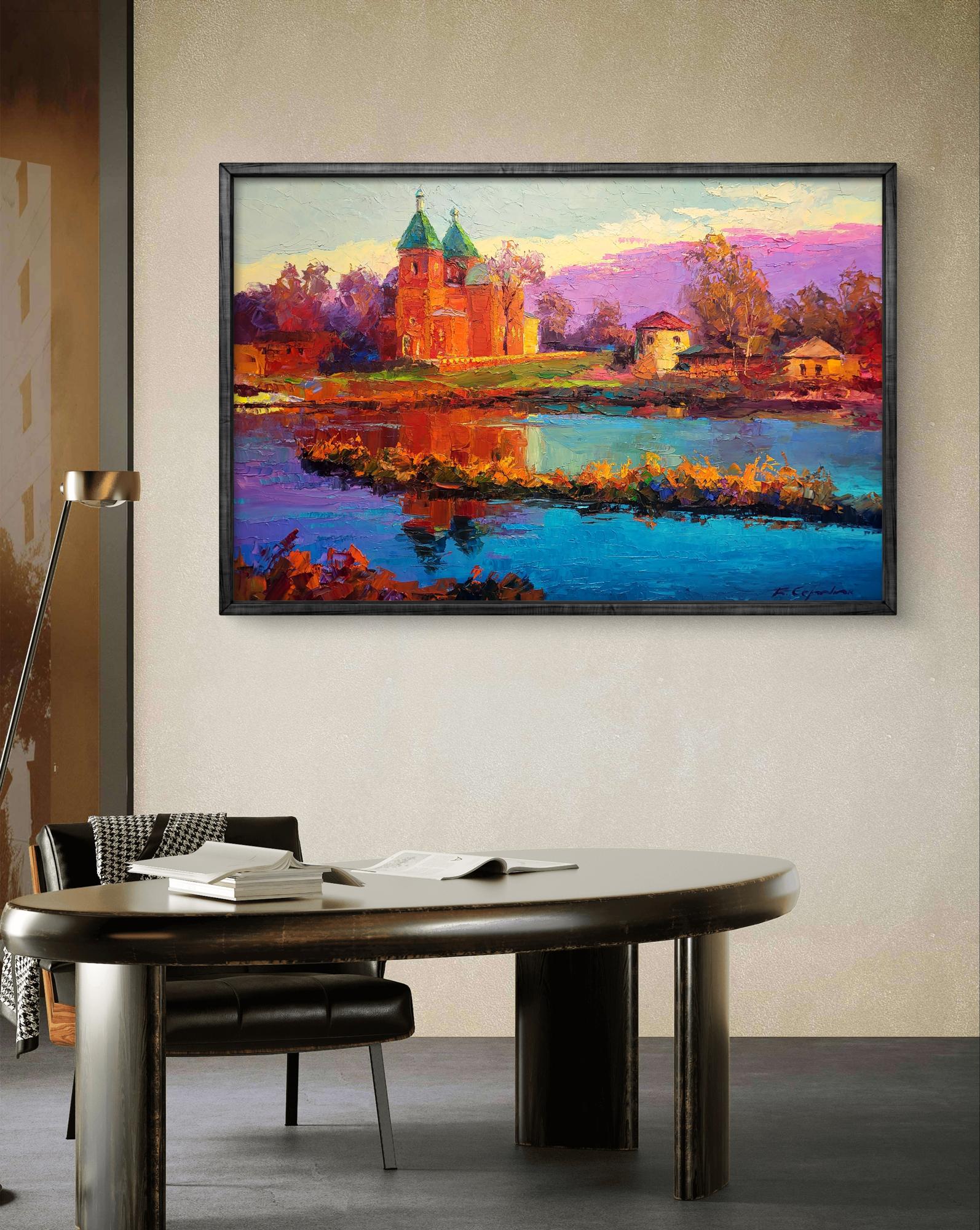 Vibrant impressionist oil painting Evening near the church by Boris Serdyuk, framed in black