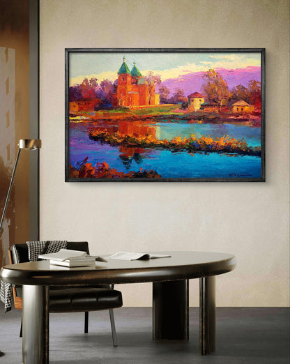 Vibrant impressionist oil painting Evening near the church by Boris Serdyuk, framed in black