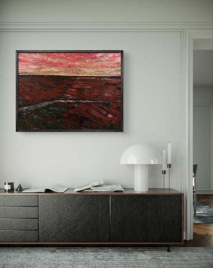 Framed Crimson Sunset oil painting by Serhiy Kovalev, bold red pink abstract landscape