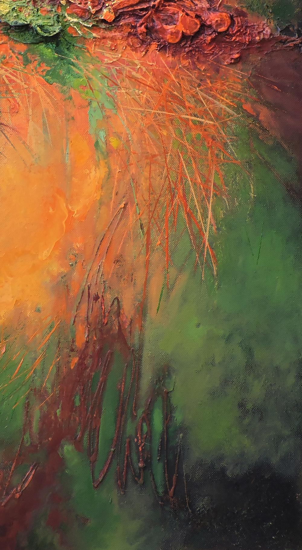Vibrant abstract oil painting Acute interaction by Oksana Osnach in orange green red hues