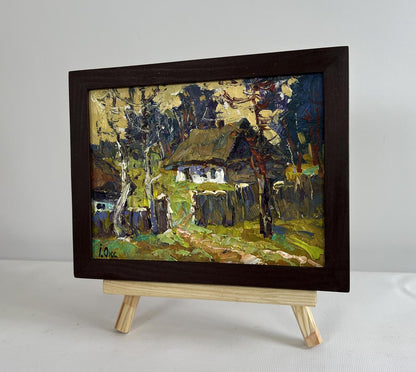 Oil painting of houses near forest by Oksana Ivanyuk
