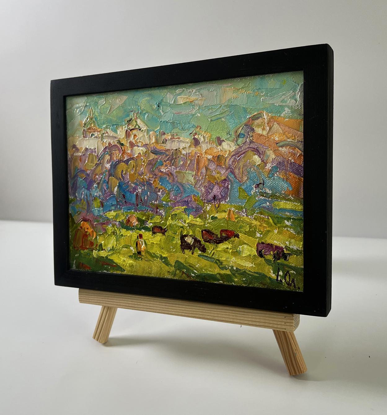 Vibrant oil painting A walk outside the village by Oleksiy Ivanyuk, pastoral cows scene framed in black