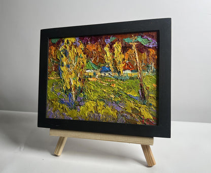 Oil painting Autumn streets of the village by Oksana Ivanyuk in black frame