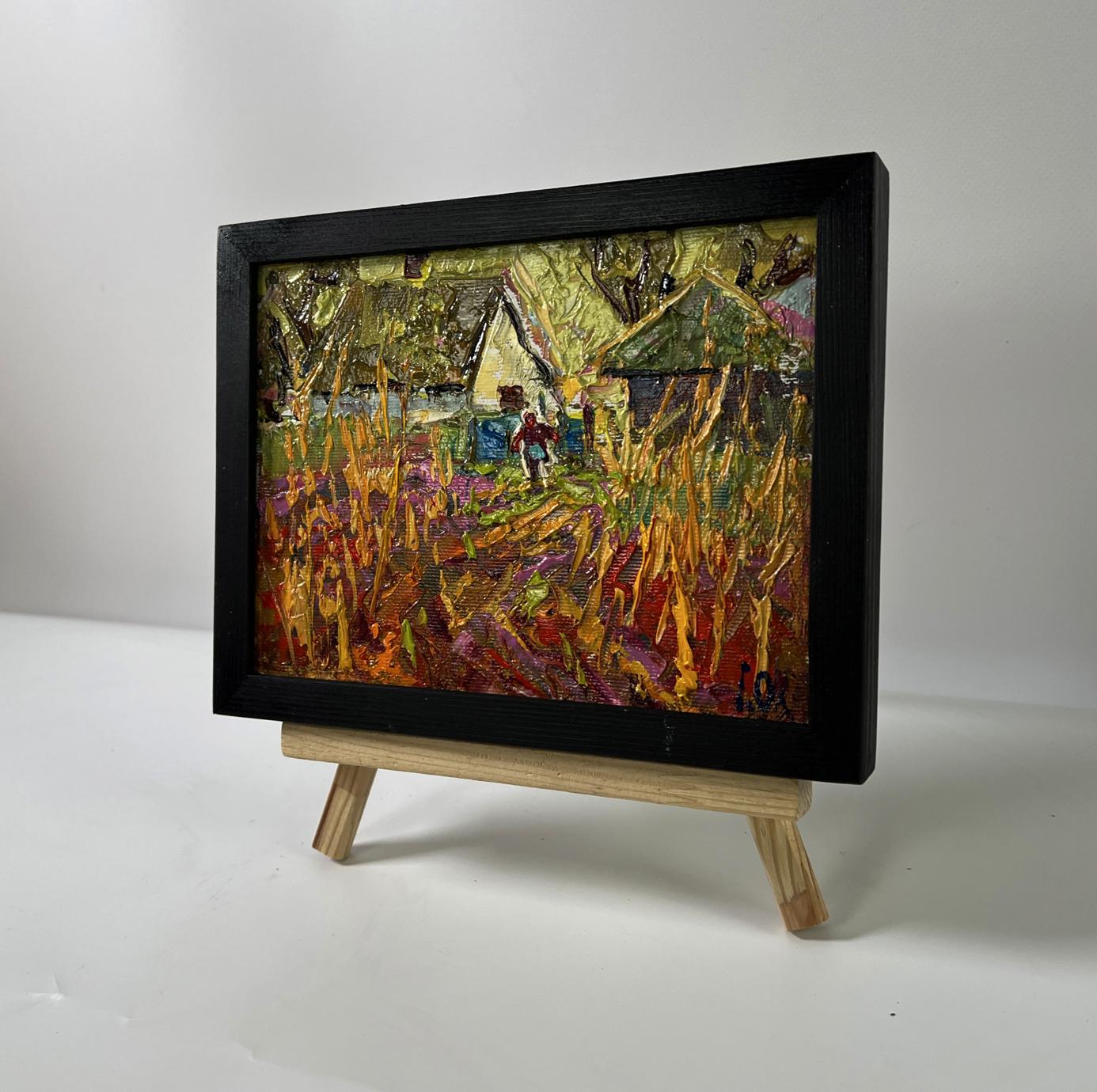 Oil painting Warm autumn in the village by Oleksiy Ivanyuk in black frame