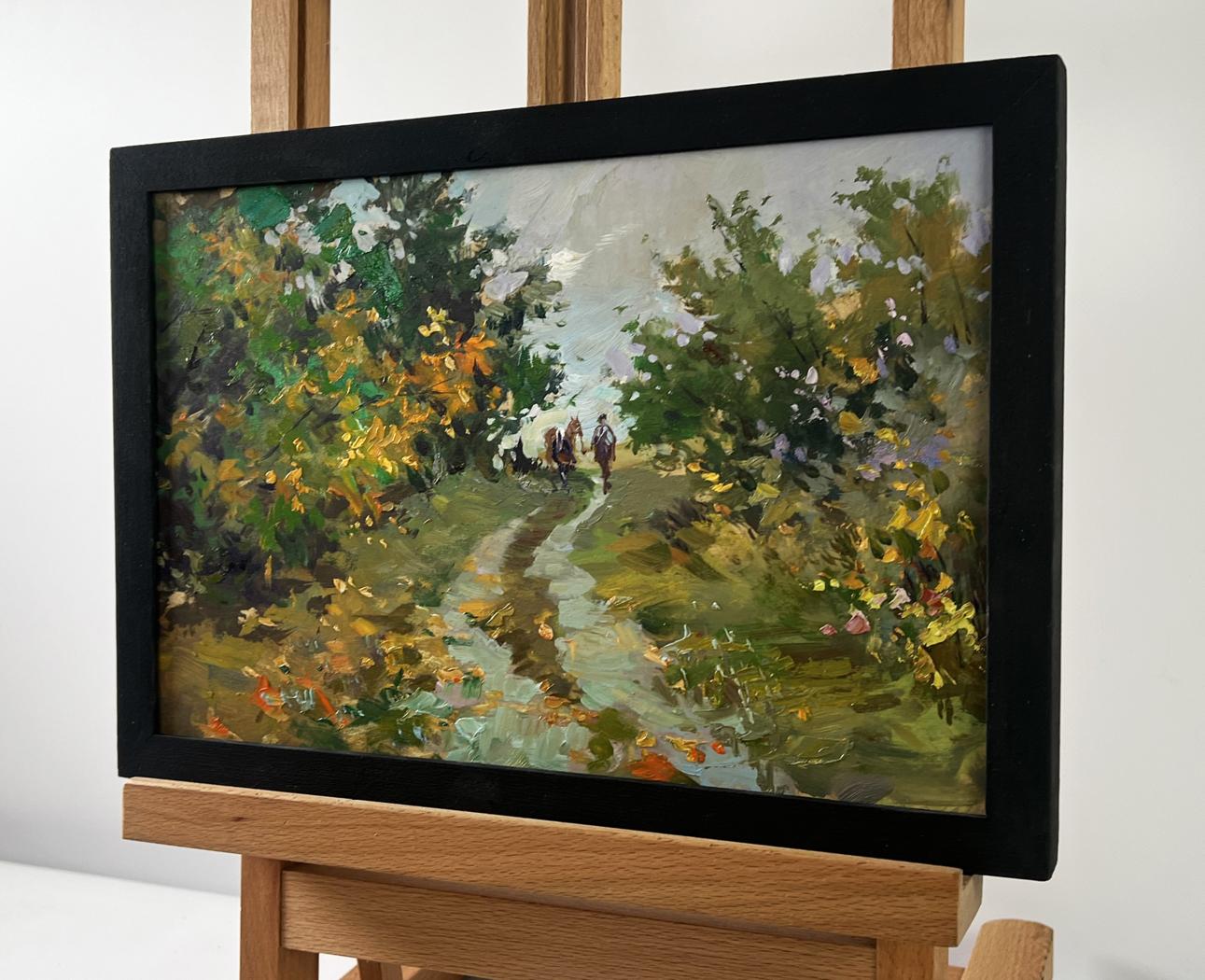 Oil painting of winding path through autumn forest by Yuriy Suprunchuk