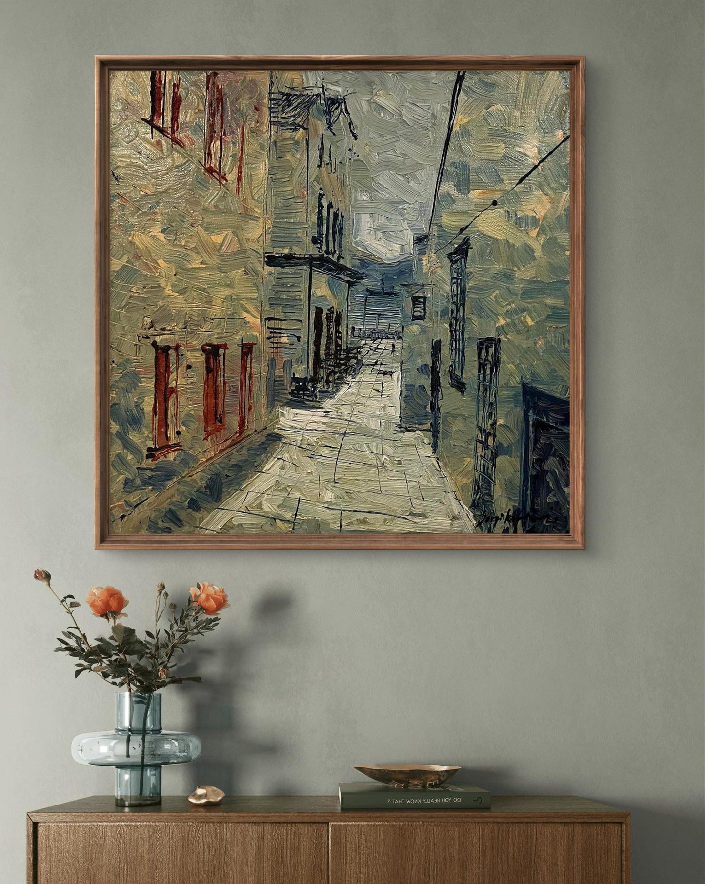 Oil painting Visibility by Serhiy Kovalev: textured alley with red doors, framed