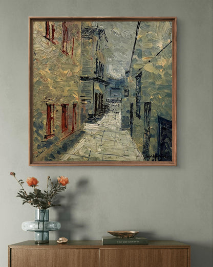 Oil painting Visibility by Serhiy Kovalev: textured alley with red doors, framed