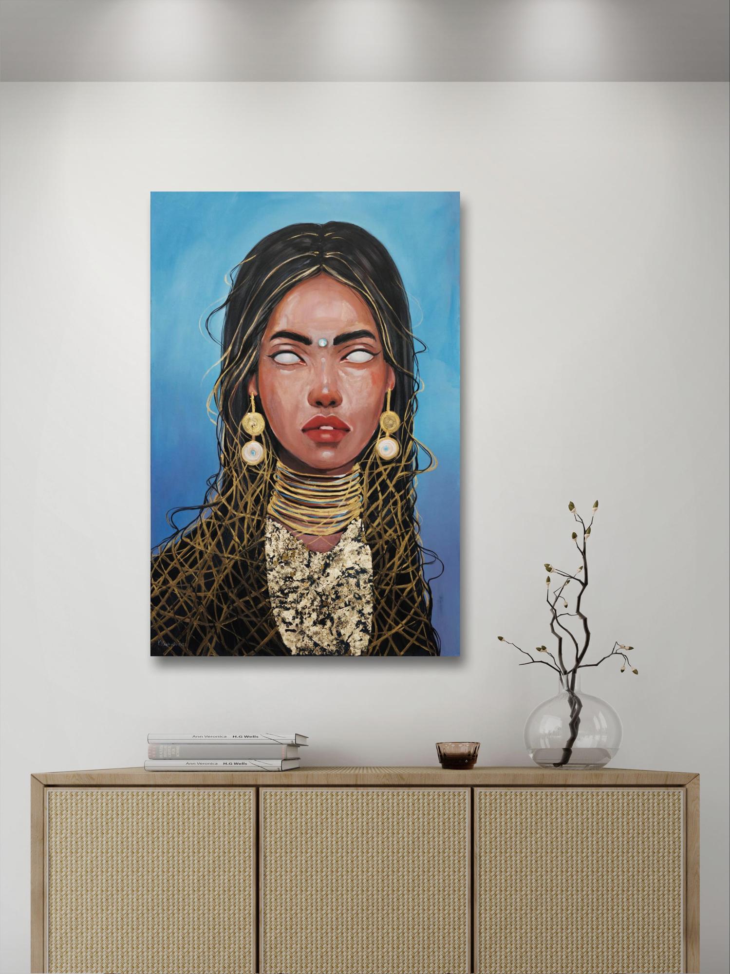 Oil painting Radiance by Victoria Kagalovska: vibrant blue woman portrait