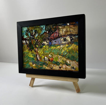 Oil painting of chickens in village yard by Oksana Ivanyuk, rustic scene framed