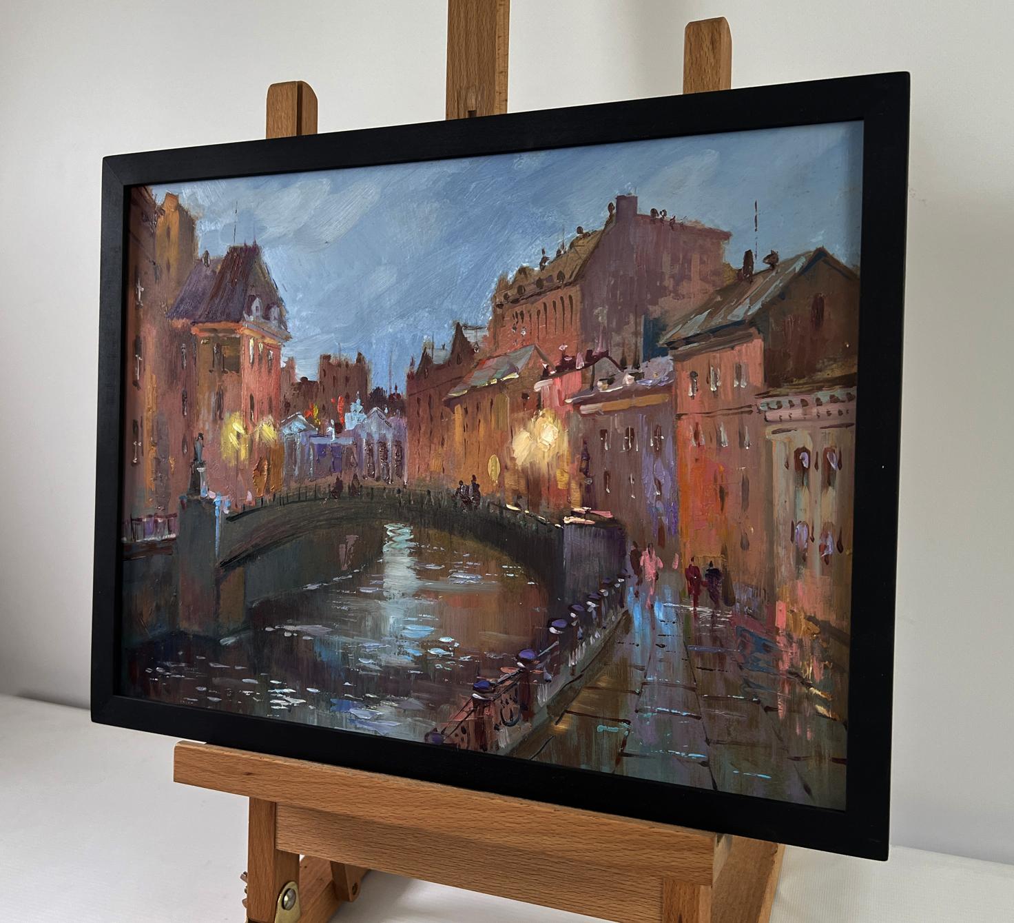 Oil painting of city streets at night by Yuriy Suprunchuk, dusk canal scene