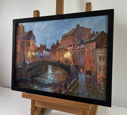 Oil painting of city streets at night by Yuriy Suprunchuk, dusk canal scene