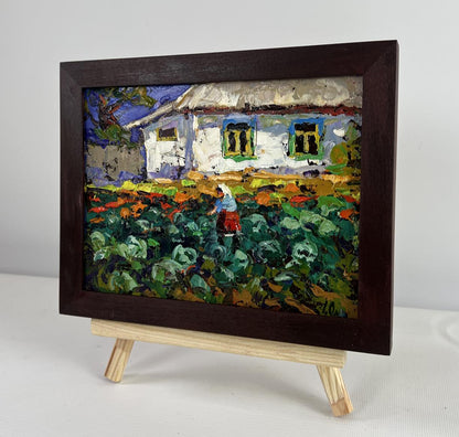 Oil painting The beds smell like home by Oleksiy Ivanyuk, white house with blue windows
