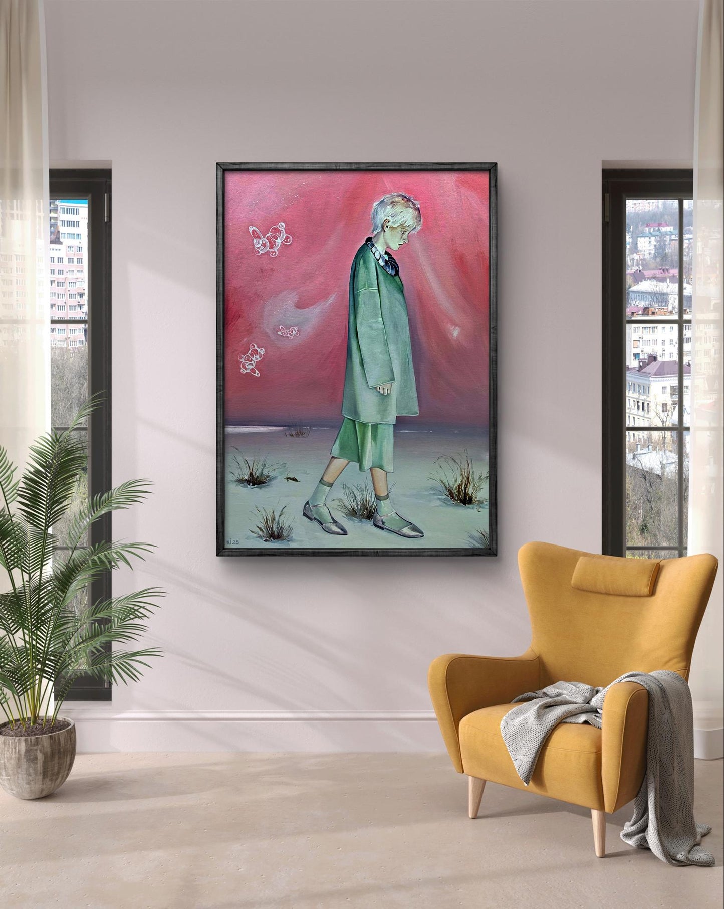 Framed oil painting of figure in teal coat on pink background by Igor Konovalov