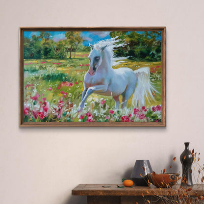 Oil painting by Anatoly Tarabanov: white horse galloping in pink green field, rustic frame