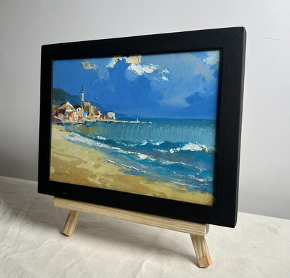 Oil painting by Yuriy Suprunchuk: coastal scene with waves on sandy shore