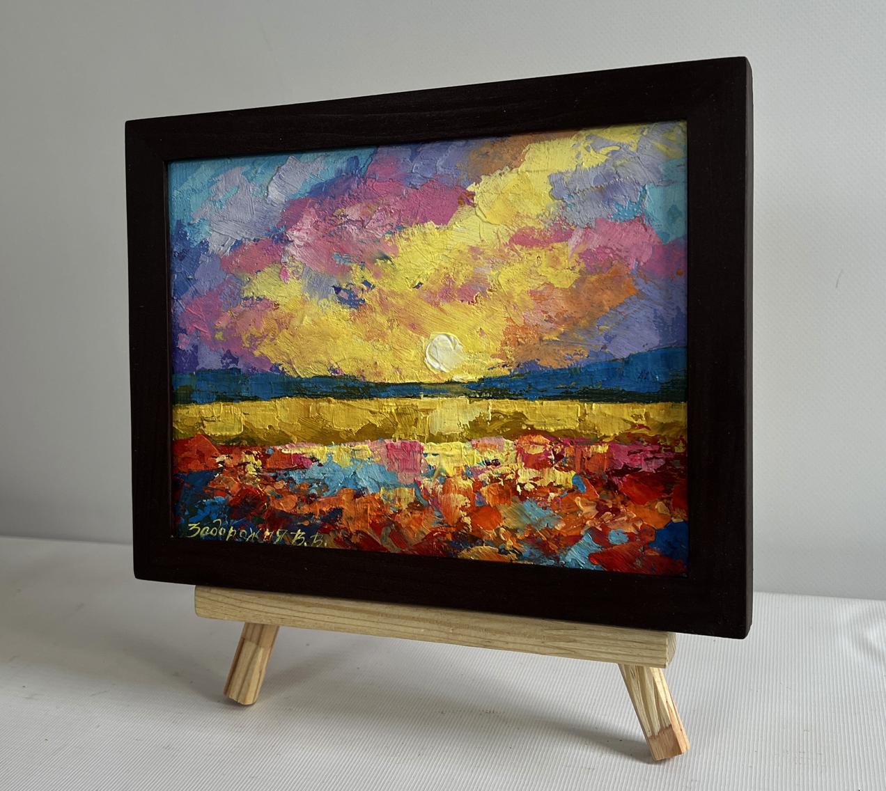 Vibrant oil painting Sunset after the rain by V. Zadorozhnya in dark wooden frame