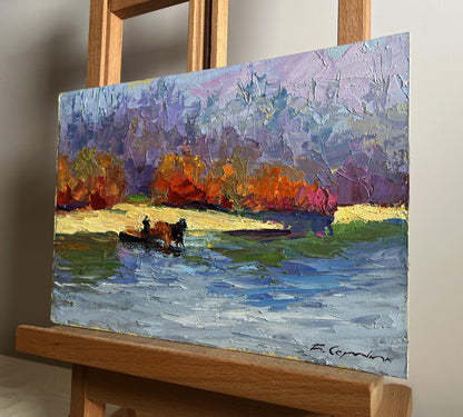 Vibrant impressionist oil painting by Boris Serdyuk: relaxing autumn river boat scene