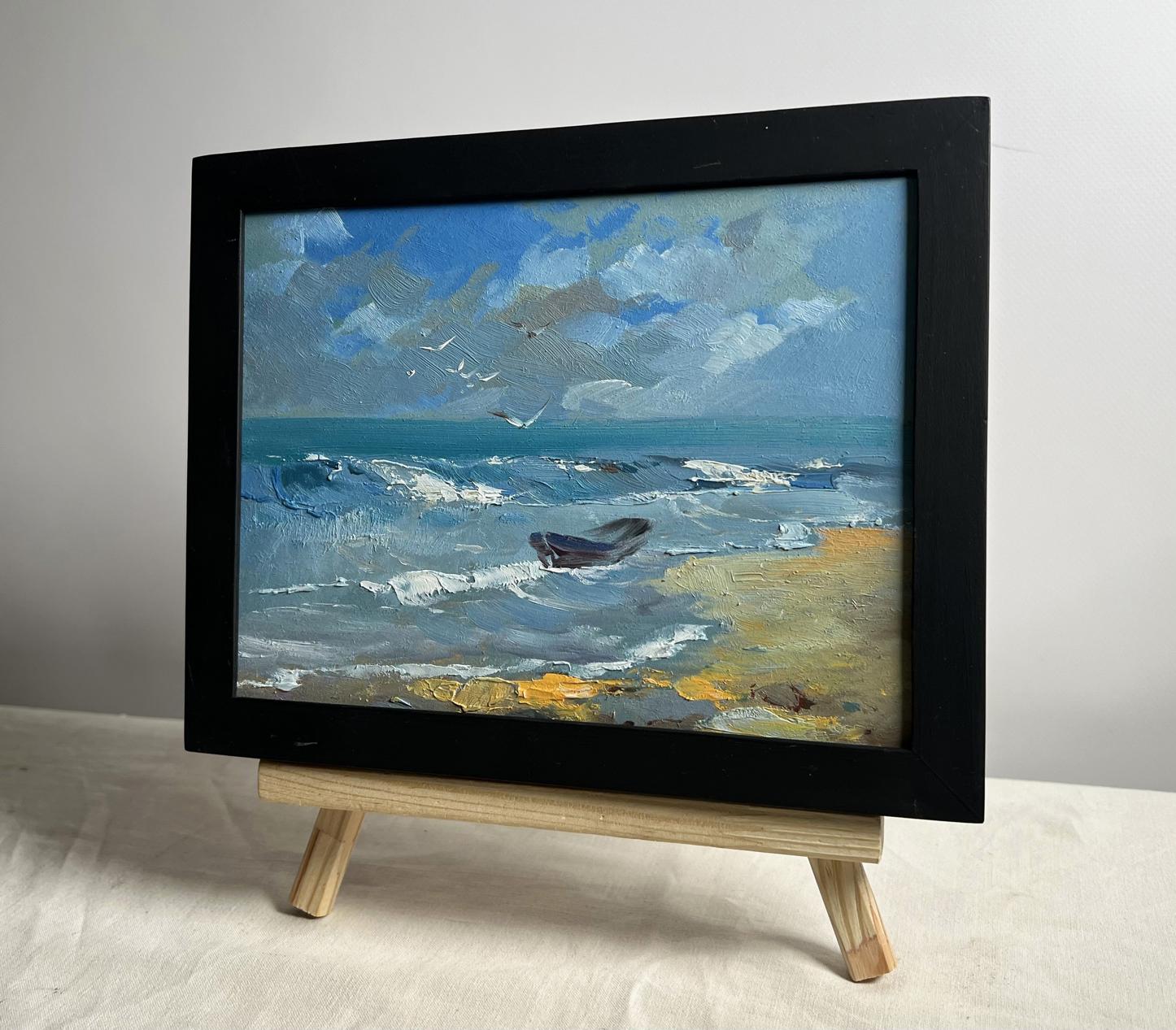 Framed oil painting by Yuriy Suprunchuk: Seagulls on seashore with turquoise waves