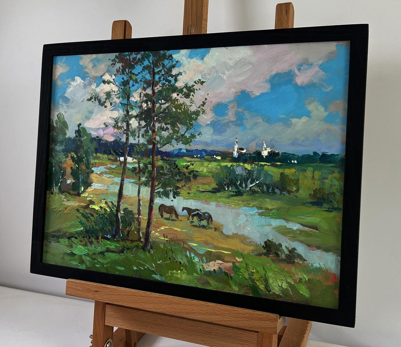 Oil painting Horses by the river by Yuriy Suprunchuk impressionist landscape
