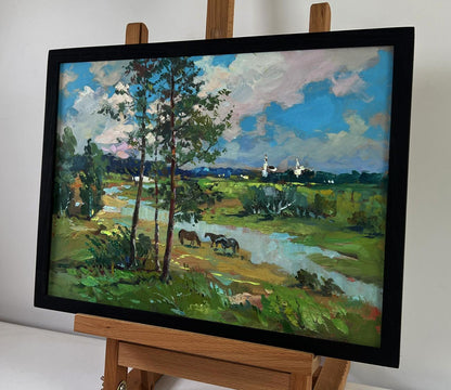Oil painting Horses by the river by Yuriy Suprunchuk impressionist landscape