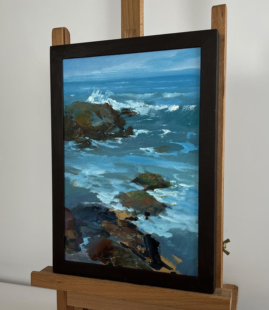 Framed oil painting Sunny day at sea by Yuriy Suprunchuk with crashing waves
