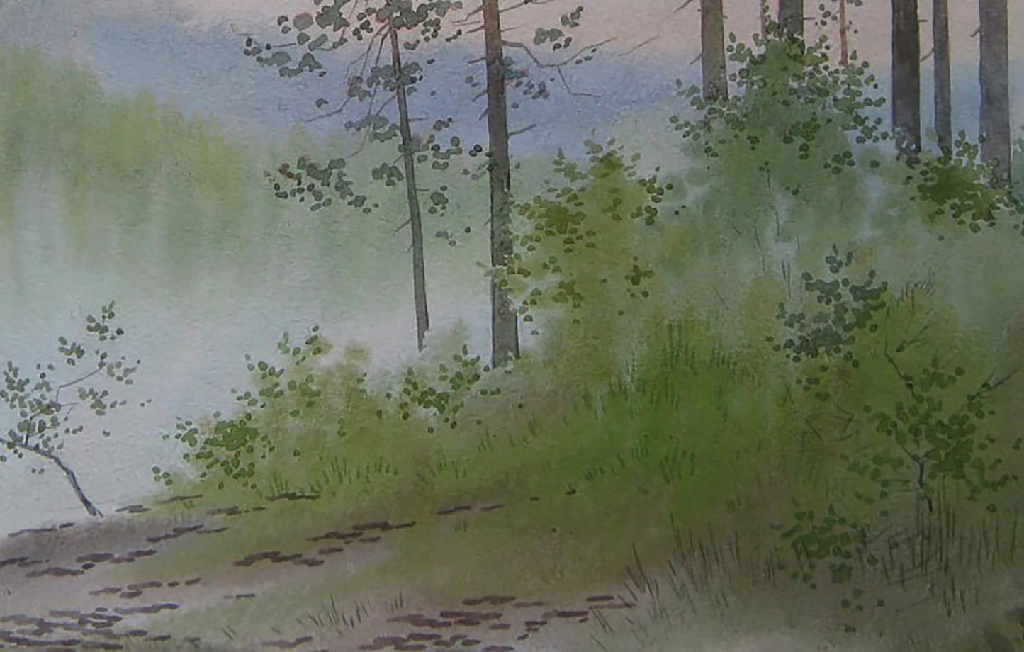 Watercolor misty forest with tall pines by Valery Savenets