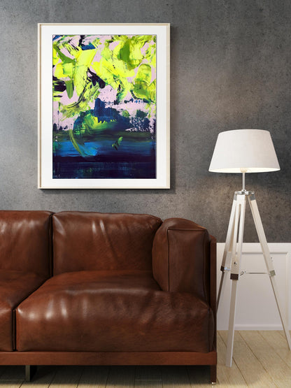 Framed Acrylic Orgasmic Life painting by Olga Melezhik, green blue pink strokes