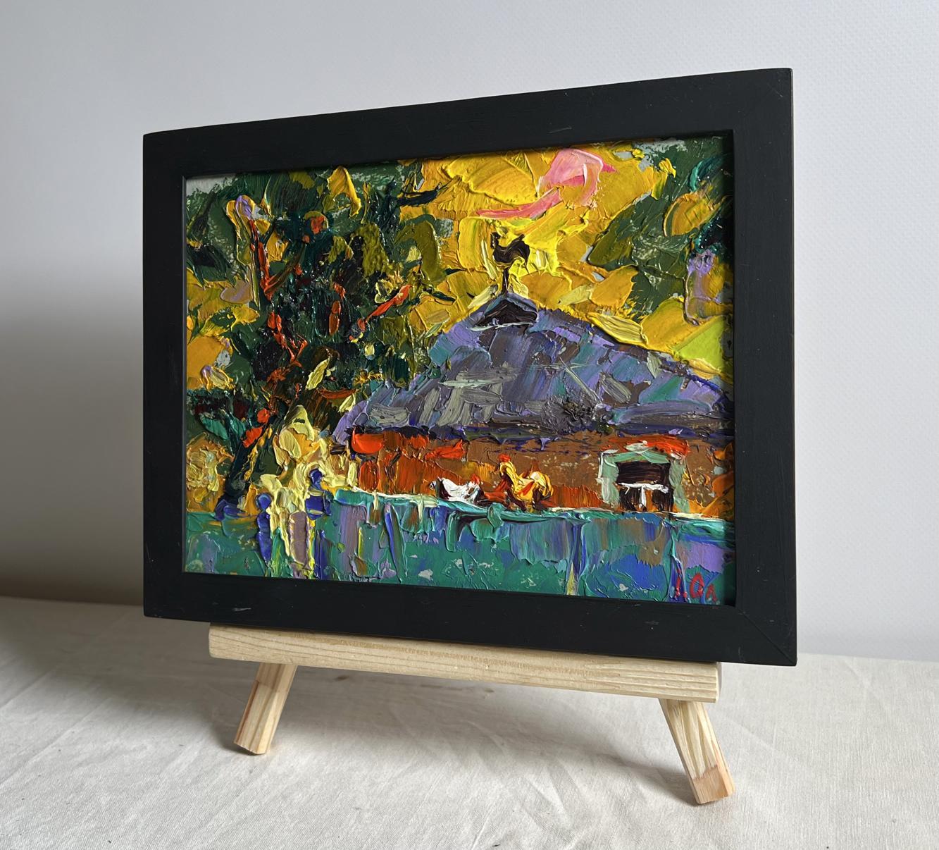 Oil painting Warm evening with yellow sunset by Oleksiy Ivanyuk in black frame