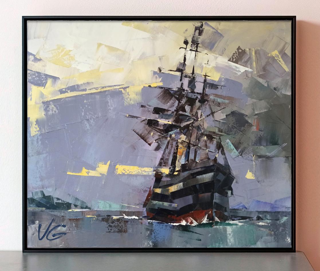 Oil painting Ghost Ship by Volodymyr Gluhomanyuk in black frame