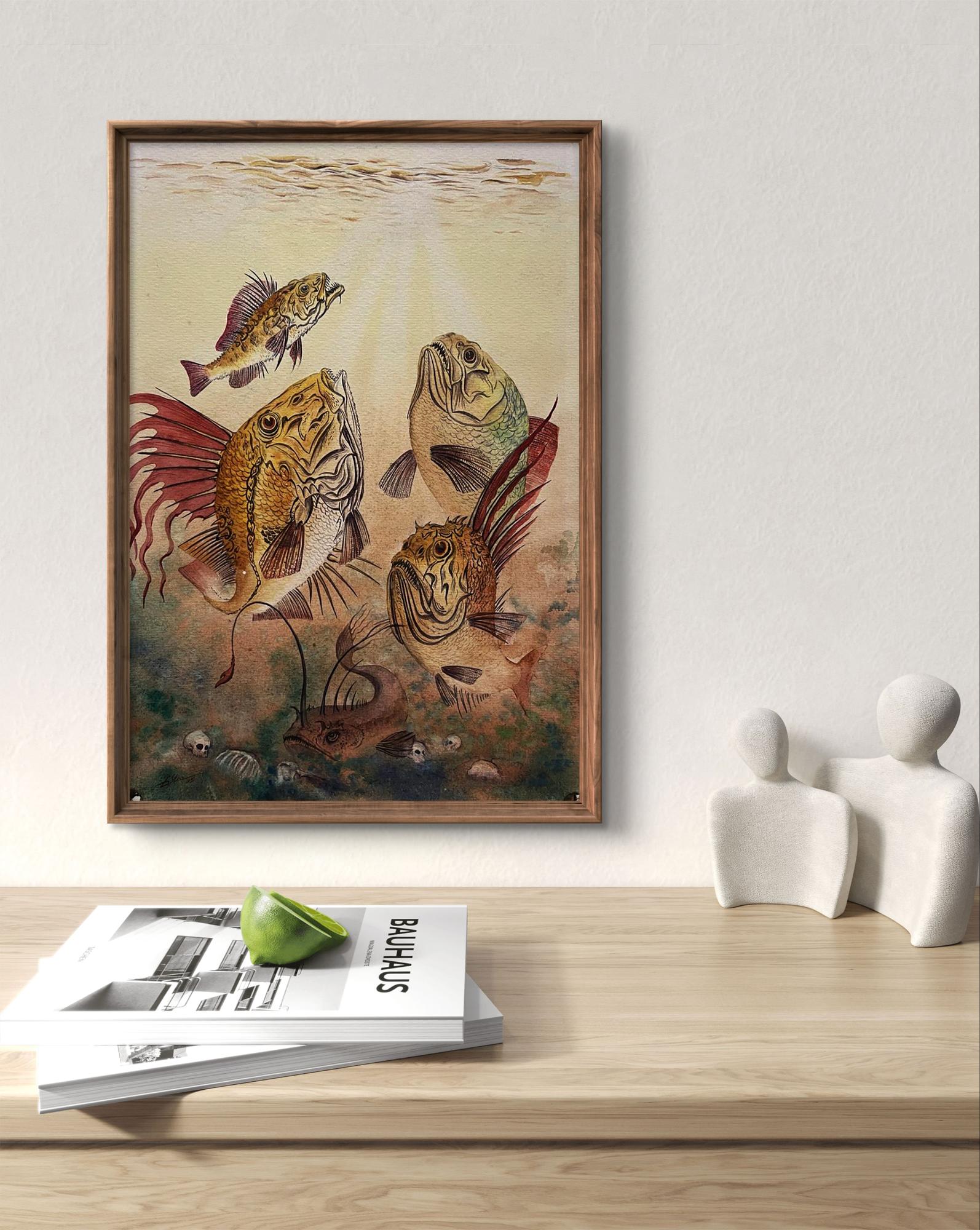 Watercolor painting Predatory fish by Dmytro Startsev in wooden frame